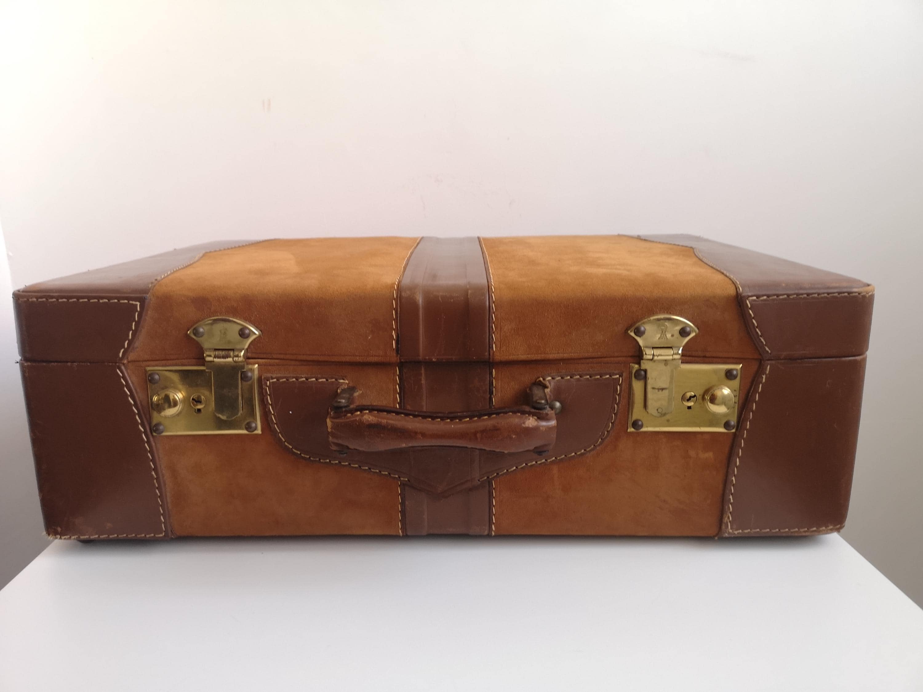 Vintage Suede Suitcase Caramel Brown with Brass Suitcase Lock - Stage or Photoshoot Props