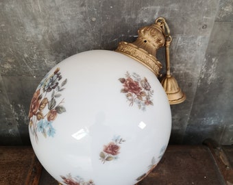 Vintage glass ball hanging lamp - Opaline with floral pattern - Brass fixture and frosted glass ball