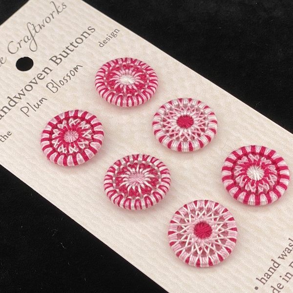6 Plum Blossom buttons, Dorset-style woven thread with shank, pink and white, sizes 3/4 inch, 19 mm round