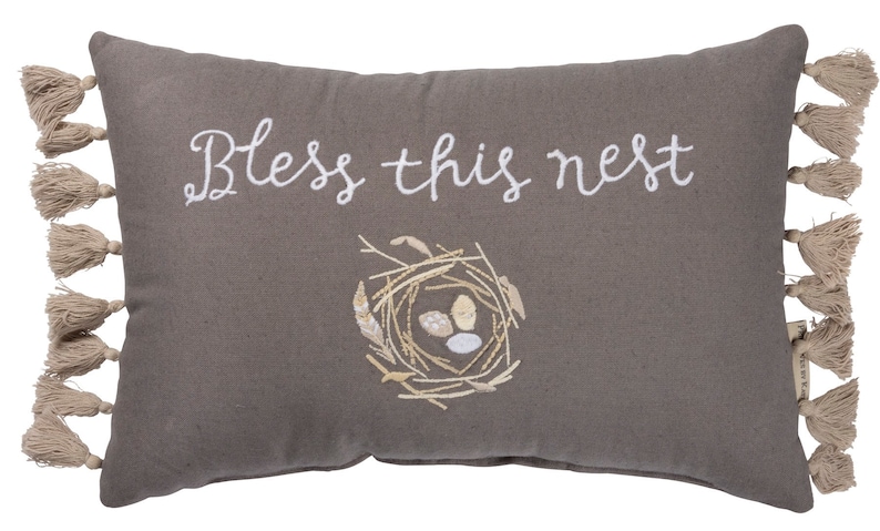 \u201cBless This Nest\u201d Pillow 15\u201d Embroidered Bless This Nest Pillow Gray Cotton Pillows