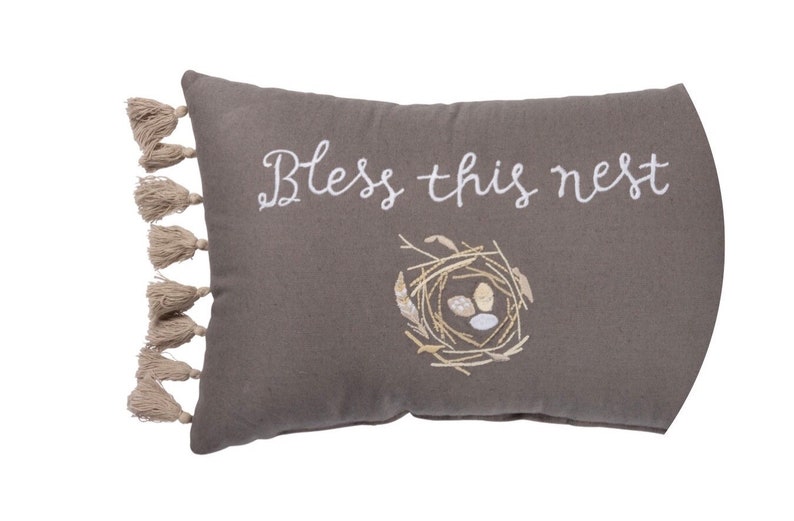 \u201cBless This Nest\u201d Pillow 15\u201d Embroidered Bless This Nest Pillow Gray Cotton Pillows
