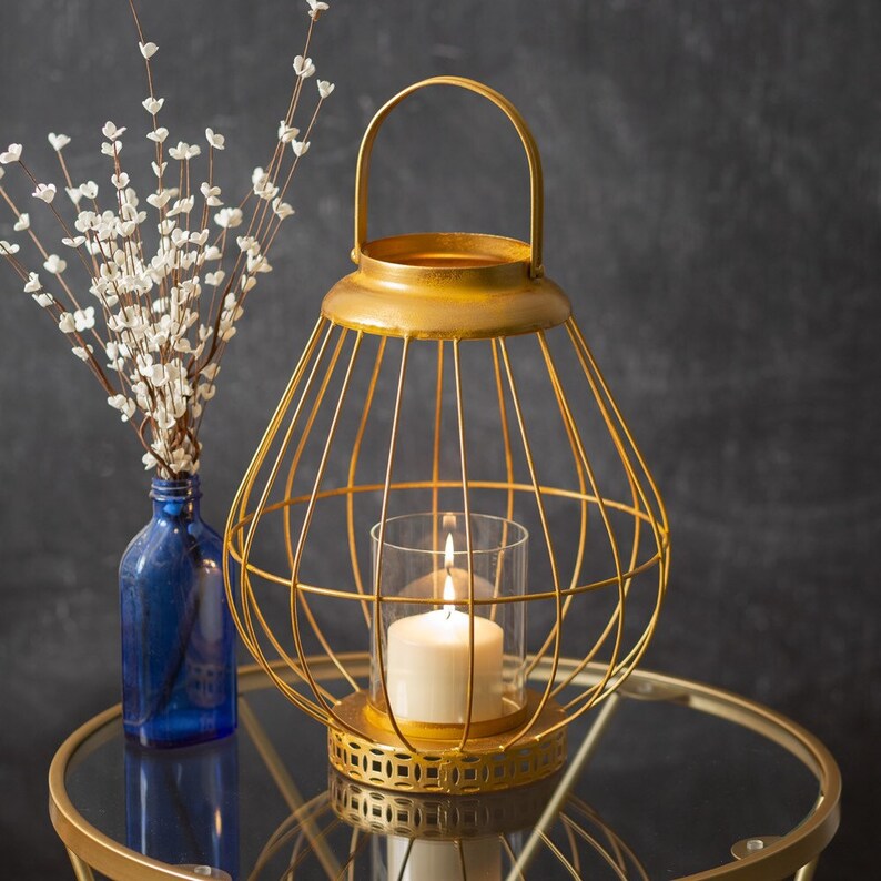 Gold Plated Brass Lantern With Glass Chimney Hurricane Candle Etsy