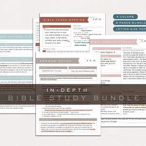 May include: A digital Bible study bundle with a variety of templates, including verse mapping, sermon notes, and chapter summaries. The pages are in shades of pink, gray, and white, with the text "IN-DEPTH BIBLE STUDY BUNDLE". The bundle includes 4 colors and 6 pages.