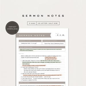 May include: A printable sermon notes template with the title "Sermon Notes" at the top. The design includes sections for the sermon title, speaker, scripture, and notes. The text "Instant Download" is in a circular badge.