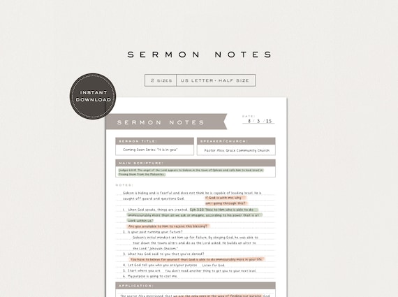Printable Sermon Notes | Church Journal, Bible Study (Digital Download)