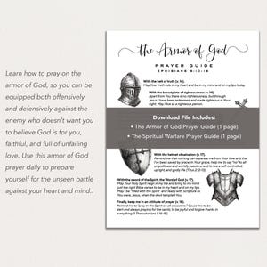 May include: A printable digital download titled "The Armor of God Prayer Guide." The guide includes text and illustrations of armor pieces, such as a helmet and breastplate. The guide is designed to help people learn how to pray.