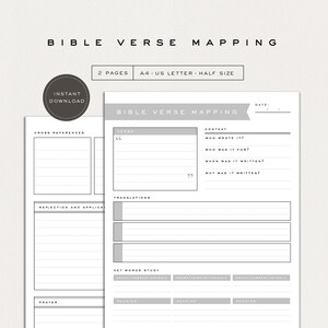 May include: A printable Bible verse mapping template with the title "Bible Verse Mapping". The template includes sections for notes, content, cross-references, and reflection. The design is minimalist with a neutral color palette.