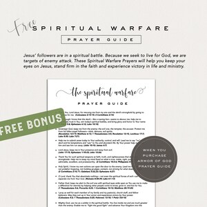 May include: A printable prayer guide titled "Spiritual Warfare Prayer Guide" with the text "Free Bonus" on a green sticker. The guide includes prayers and is designed to help people keep their eyes on Jesus and stand firm in faith.