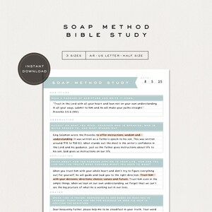 Puede incluir: Una plantilla imprimible de estudio bíblico SOAP con un diseño minimalista. El documento incluye secciones para la Escritura, la observación, la aplicación y la oración. El texto "SOAP METHOD BIBLE STUDY" está en la parte superior, con "INSTANT DOWNLOAD" en una insignia circular.