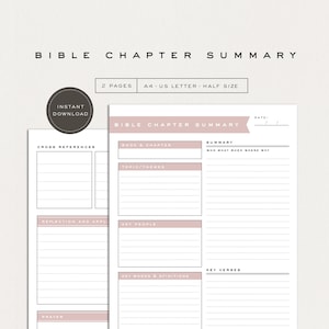 May include: Two-page Bible Chapter Summary printable. The design includes sections for cross-references, reflection, and application. The text "Bible Chapter Summary" is at the top, with "Instant Download" in a circular graphic.