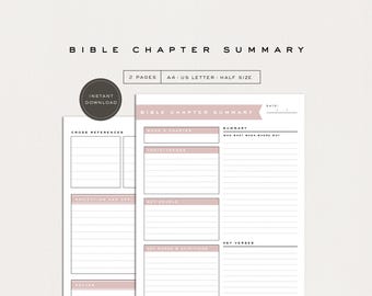 May include: Two-page Bible Chapter Summary printable. The design includes sections for cross-references, reflection, and application. The text "Bible Chapter Summary" is at the top, with "Instant Download" in a circular graphic.