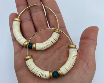 Large Gold & Cream Clay Hoop Earrings