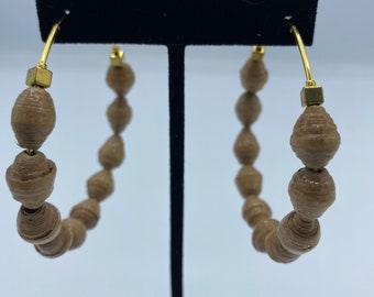 Extra Large Gold & African Paper Bead Hoop Earrings