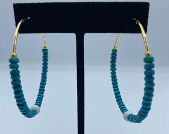 Gold & Turquoise Wood Bead Hoop Earrings - Two Sizes!