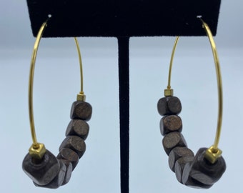 Extra Large Gold & Wood Bead Hoops