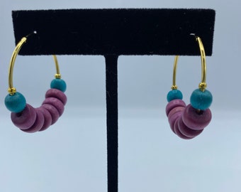 Colorful Gold and Wood Bead Hoop Earrings