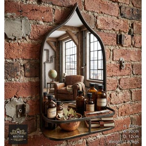 Chic Arched Wall Mounted Mirror & Shelf Room Bathroom Hallway Brown Metal Frame