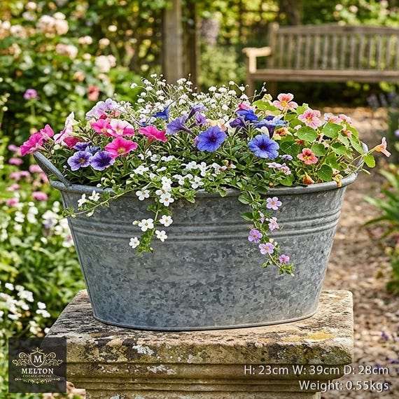 Vintage Style Galvanised Metal Oval Dolly Tub Garden Planter Pot with  Handles