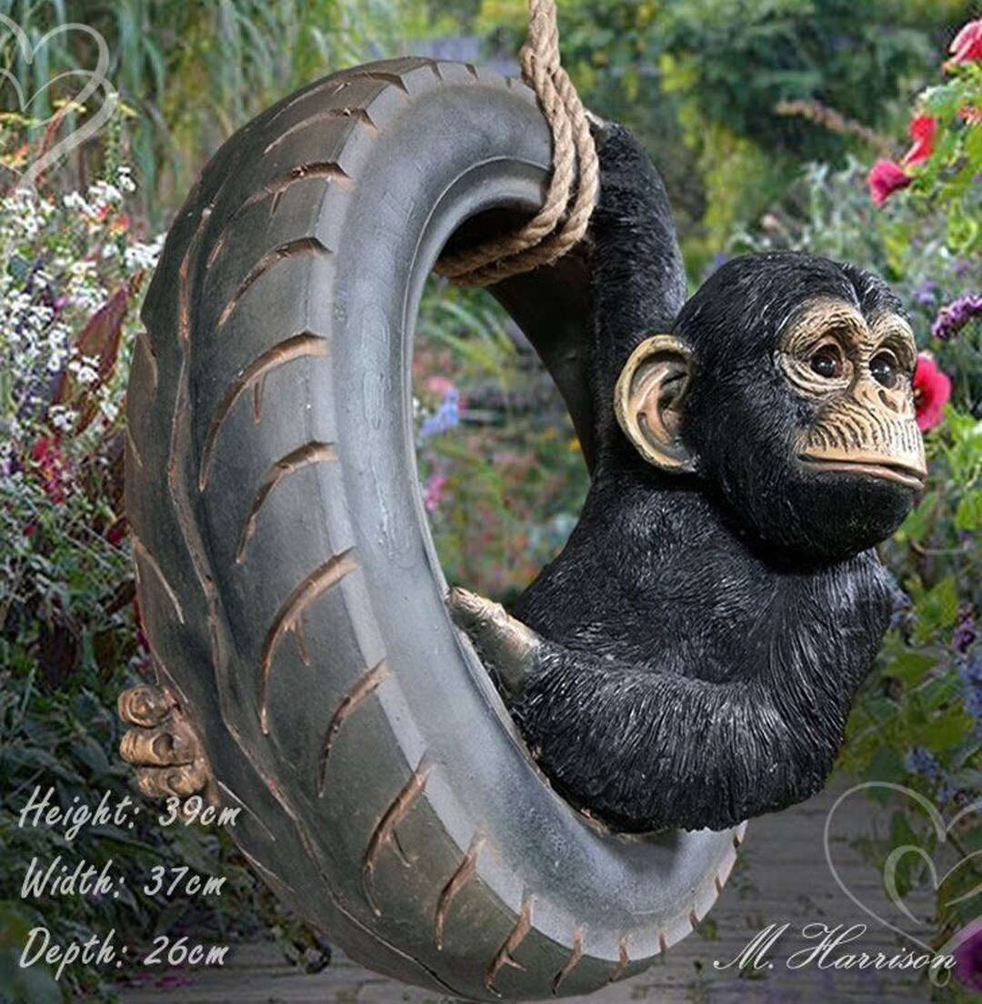 Large Chimpanzee on Tire Rope Swing Tree Garden Ornament Resin