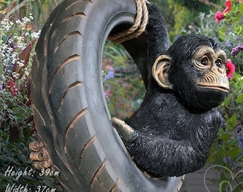 Large Chimpanzee on Tire Rope Swing Tree Garden Ornament Resin