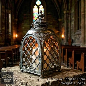 Vintage Style Metal & Glass Candle Holder Floor Table Lantern Stunning Gothic Lattice Lamp Home Decor