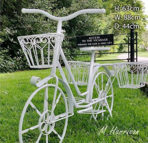 Bike Planter in Vintage White, Garden Plant Feature 63cm High metal  peddle-bike