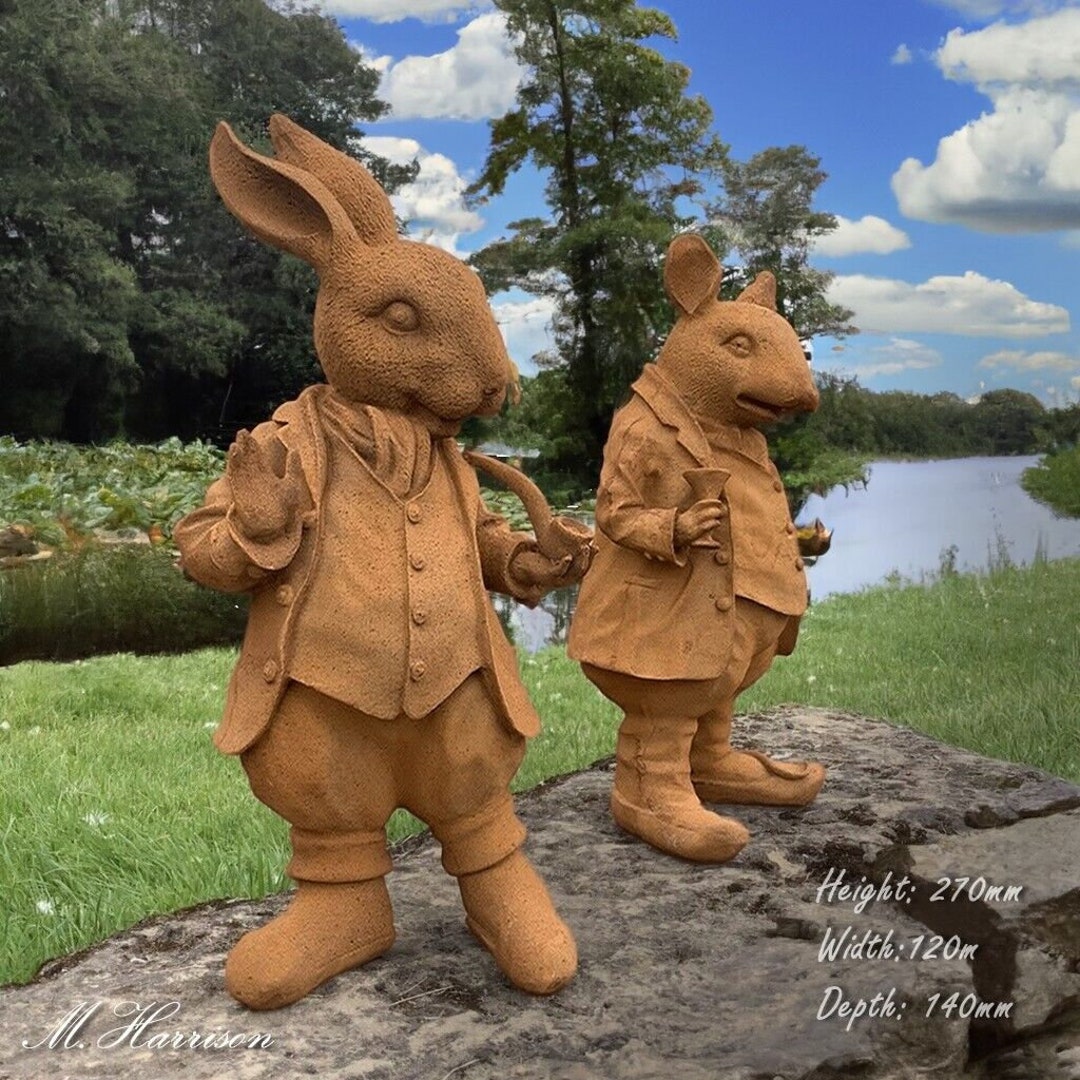 Rustic Cast Iron Garden Statues of Mr.rabbit &mr Ratty Etsy