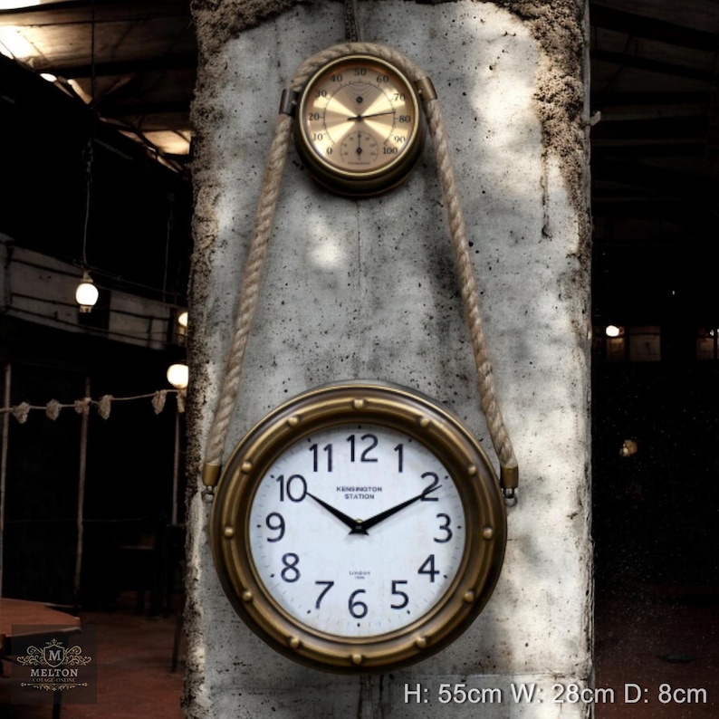 Industrial Metal Rope Hanging Nautical Clock & Thermometer, Vintage ...