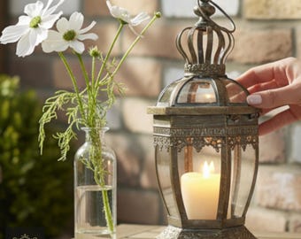 May include: An antique-style bronze lantern with a lit candle inside. The lantern has a crown-like top and intricate detailing. Beside it, a small glass vase holds white flowers. The scene is set on a wooden table with a brick background.