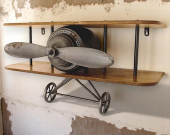 Vintage Style Wooden Metal Aeroplane Shelf Aviation Wall Art Decor Plane Display