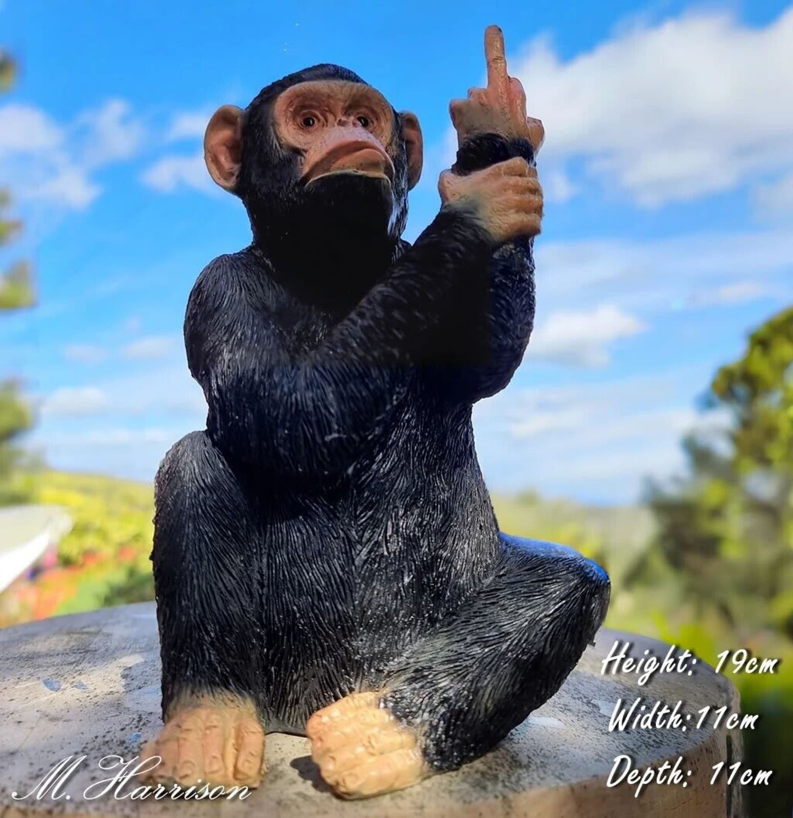 Up Yours Monkey Ornament Large Black Resin Cheeky Rude Gesturing