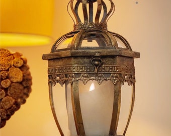 Gold Candle Lantern Hexagonal Pillar Tealight Vintage Antique Style Metal