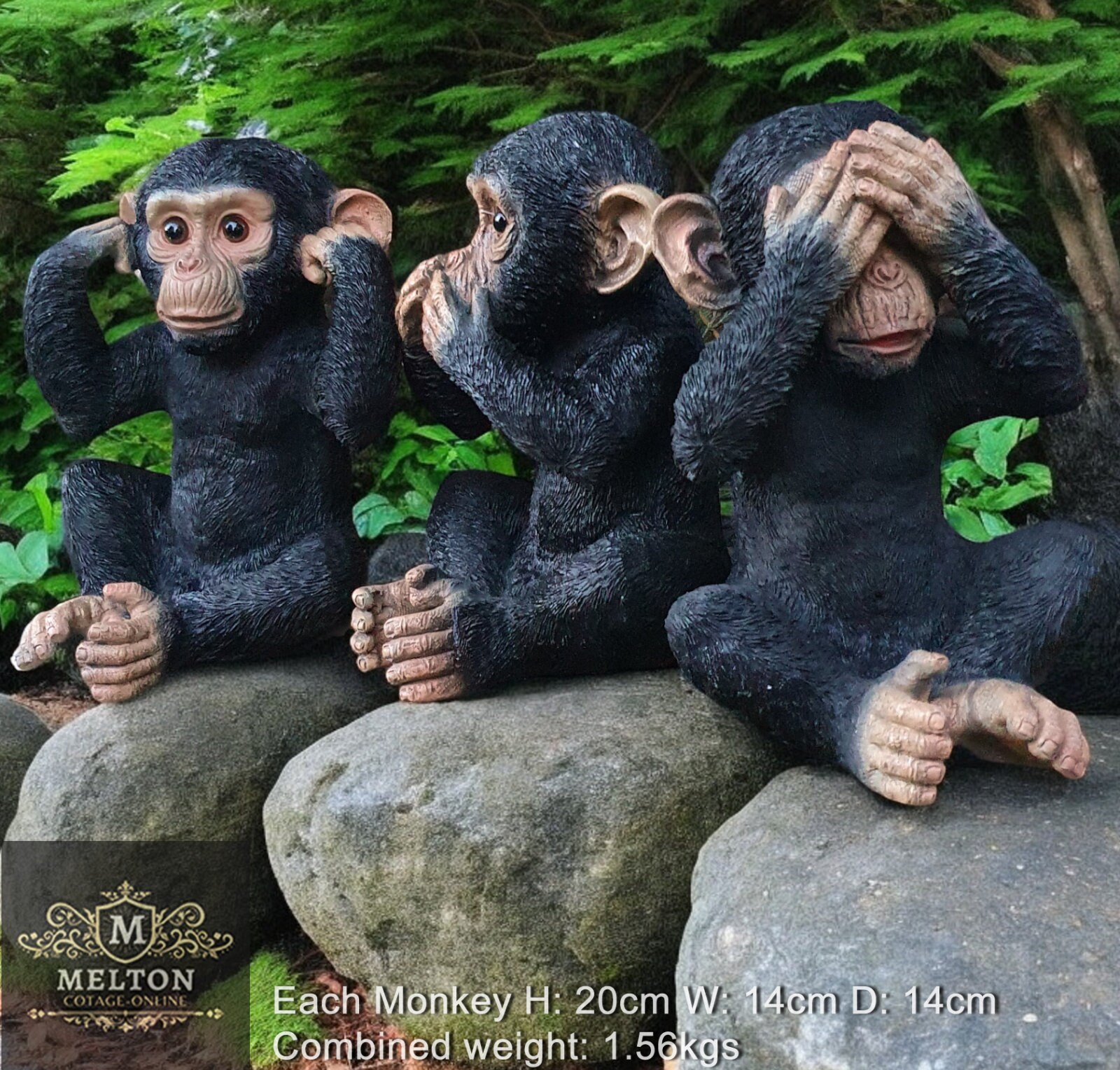 3 Wise Monkeys Garden Statue – Black Resin Figurines, Hear No Evil