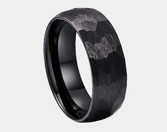 Tungsten 8mm Black Ring with Hammered Finish, Domed Shaped and Polished Lining - Engraving Available