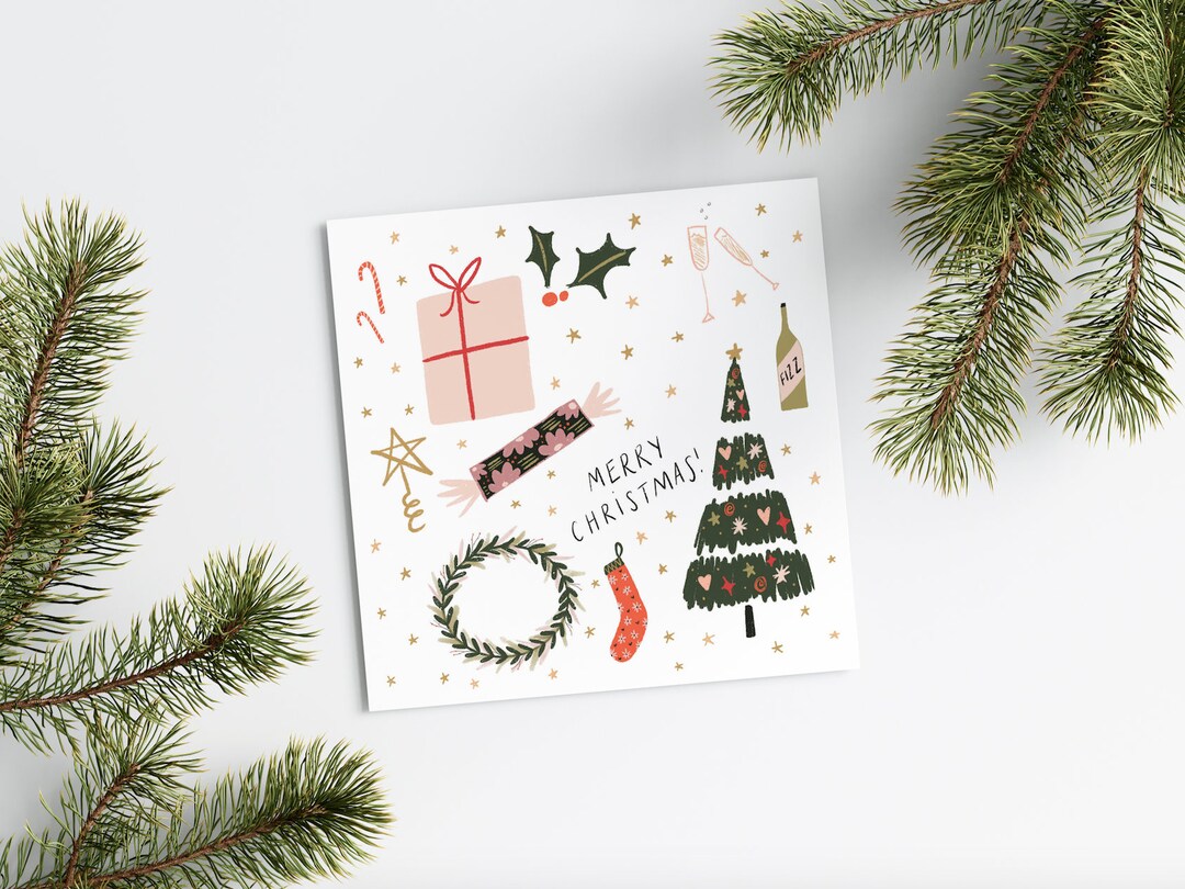 Christmas Tree Mix Card Seasons Greetings Illustrated Xmas Etsy