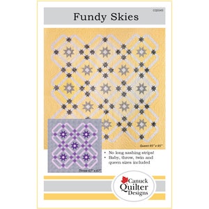 Pode incluir: Um padrão de acolchoado chamado "Fundy Skies" com um design de estrelas amarelas e cinzas. O padrão inclui instruções para fazer um edredom de tamanho queen (95 polegadas por 95 polegadas) e um edredom de arremesso (67 polegadas por 67 polegadas). O padrão é de Canuck Quilter Designs.