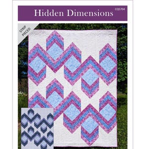 May include: A quilt pattern titled "Hidden Dimensions" with a geometric design in shades of blue, purple, and white. The quilt measures 60.5 inches by 78.5 inches. The pattern is from Canuck Quilter Designs.