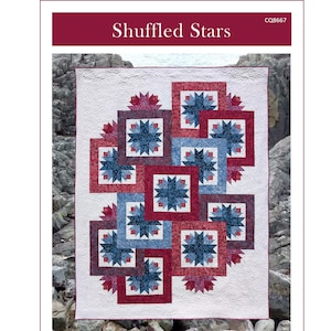 Puede incluir: Un edredón titulado "Shuffled Stars" con un diseño de cuadrados superpuestos en rojo, azul y blanco. El edredón mide 161.3 cm por 207 cm. El diseño presenta patrones de estrellas dentro de los cuadrados. El logotipo de Canuck Quilter Designs es visible.