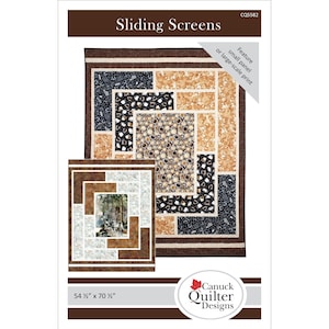 Pattern cover of Sliding Screens quilt pattern.  Main quilt features coffee themed fabrics.  Inset features a wolf panel and coordinating fabrics.