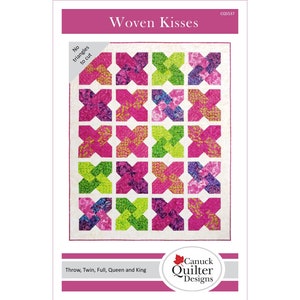 May include: A quilt pattern called "Woven Kisses" with a pink, green, and purple color scheme. The pattern is made up of squares with a woven design. The pattern is available in throw, twin, full, queen, and king sizes. The pattern is from Canuck Quilter Designs.