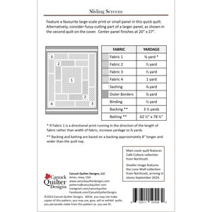 Back cover of Sliding Screens quilt pattern.  Lists fabric requirements to make the quilt.