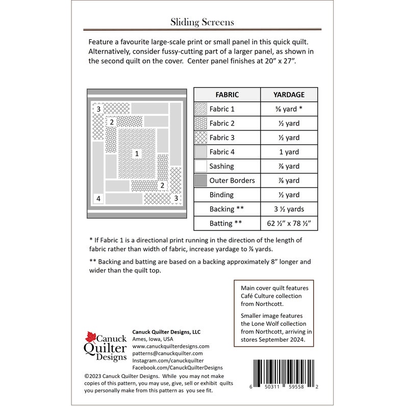 Back cover of Sliding Screens quilt pattern.  Lists fabric requirements to make the quilt.