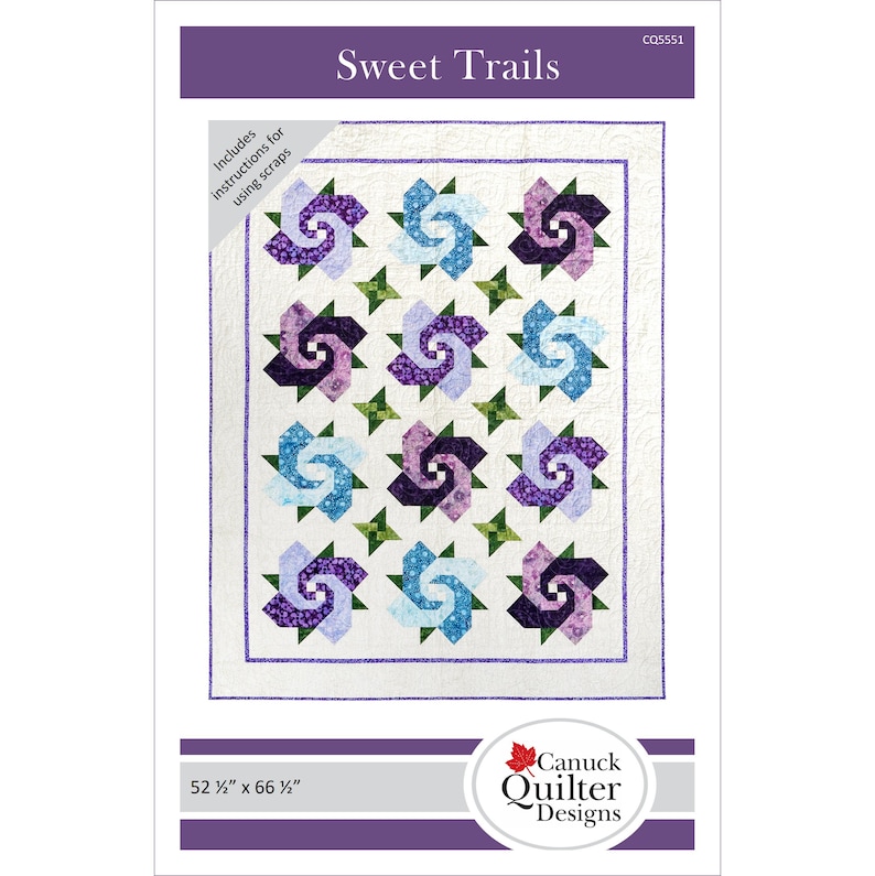 Pattern cover features a quilt with 12 swirling bloom blocks in purple and blue and 6 green 4-ppointed star cornerstones, all on a cream background.