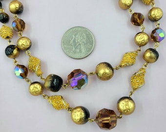 AB glass crystal beaded double strand necklace with gold tone metal and black beads