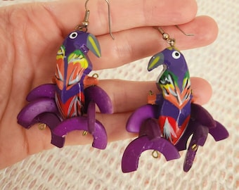 Vintage Tropical Bird Earrings Hand Painted Parrot Earrings for Pierced Ears