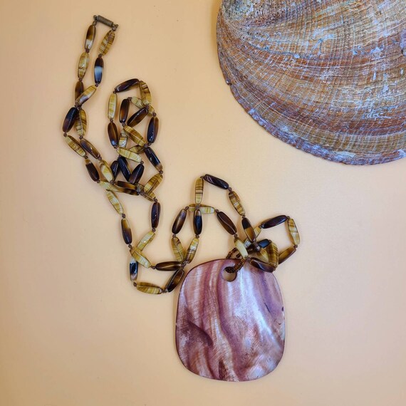 Vintage Beachy Boho Shell & Tiger's Eye Necklace - image 1