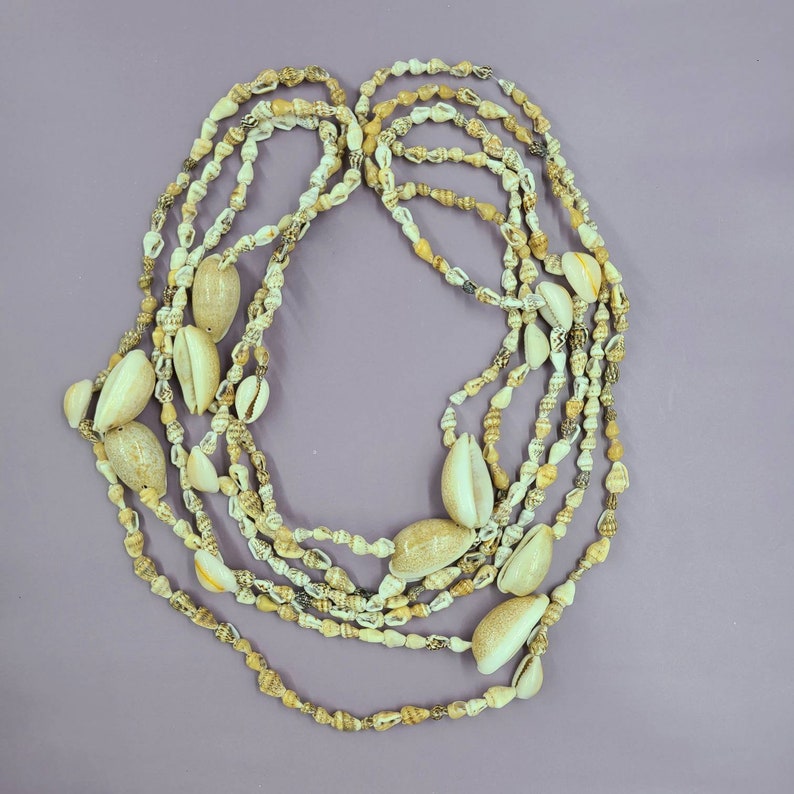 May include: A multi-strand necklace composed of small, beige and brown seashells. Larger, cream-colored shells are interspersed throughout the strands. The necklace is arranged in a layered pattern, creating a beachy, bohemian aesthetic.