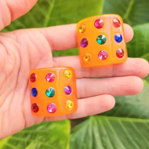 Vintage Mod Lucite Earrings Orange with Multi Color Rhinestones Clip On