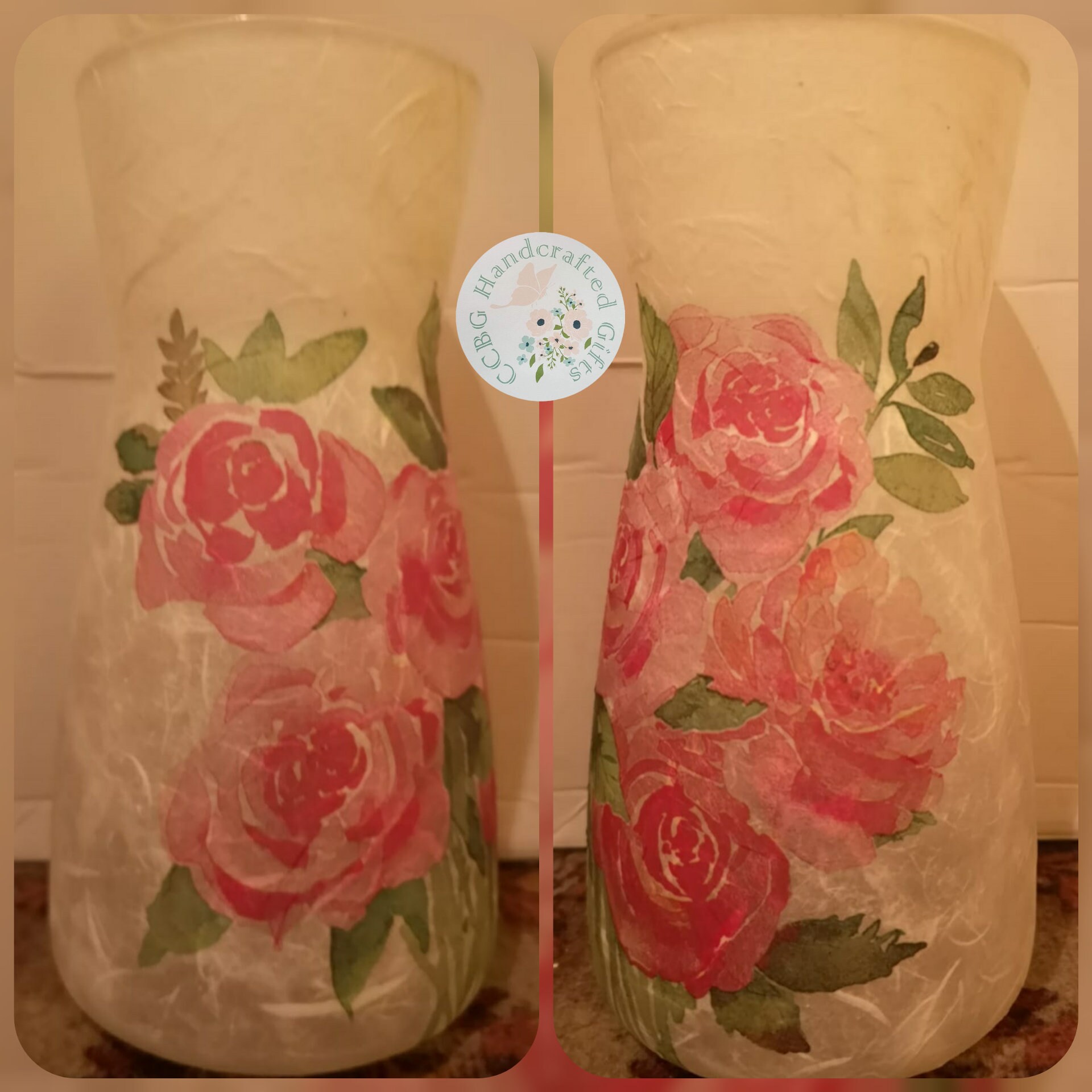 Rose bouquet vase suitable for fresh flowers decoupaged glass Etsy