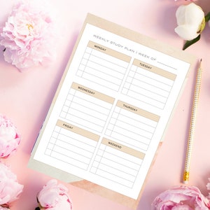 May include: A printable weekly study plan template with a beige background and brown text. The template is divided into seven sections: Monday, Tuesday, Wednesday, Thursday, Friday, Weekend. Each section has lines for writing tasks or notes.